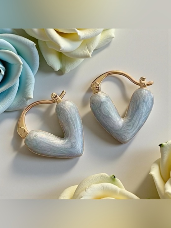 Unbranded Jewelry - 💛Elegant Gold-Tone Pearlescent Blue Heart Hoop Earrings/NIP💛